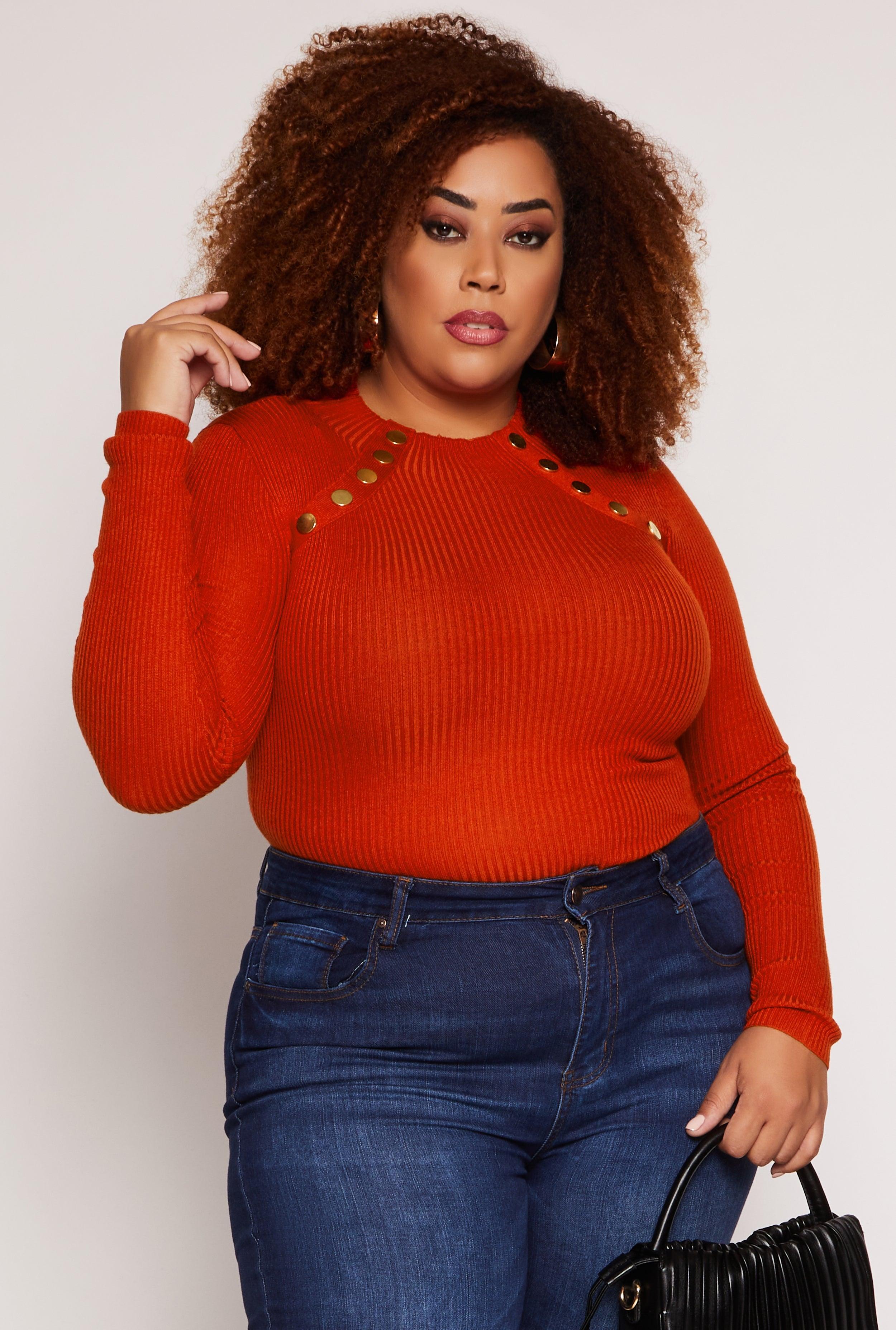 Womens Plus Size Button Detail Crew Neck Sweater product image