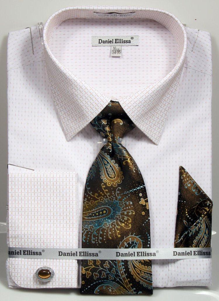 French Cuff Dress Shirt Regular Fit in White/Beige with Tie, Cuff Links and Pocket Square Product Image