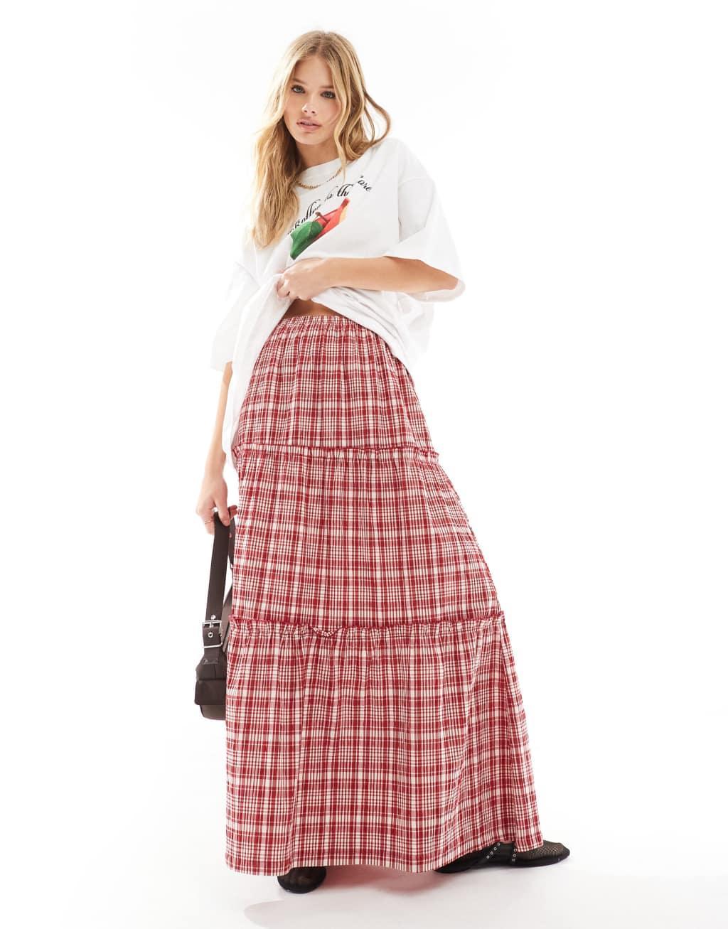 ASOS DESIGN tiered maxi skirt in red plaid Product Image