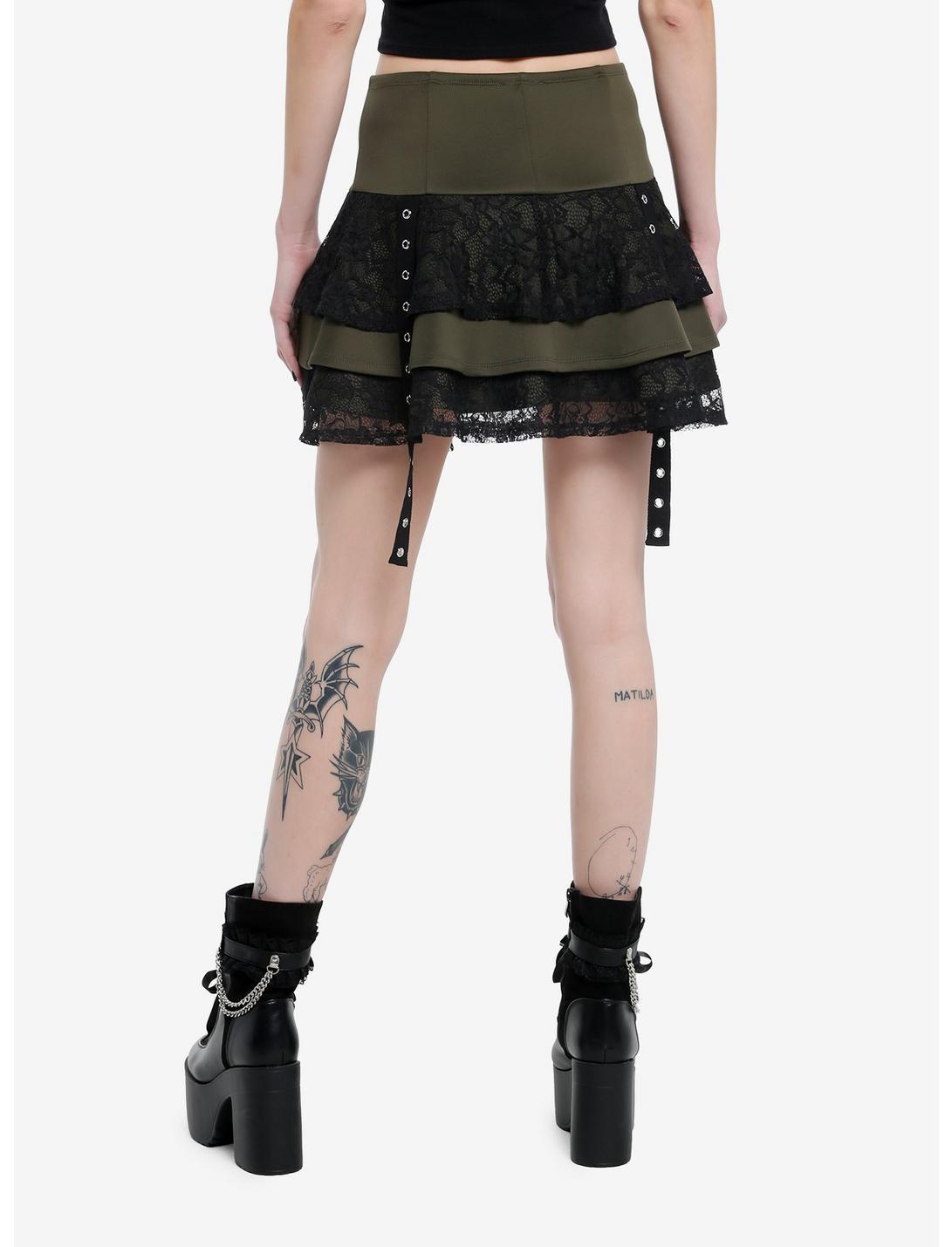 Social Collision Olive & Black Lace Grommet Strap Tiered Skirt Product Image