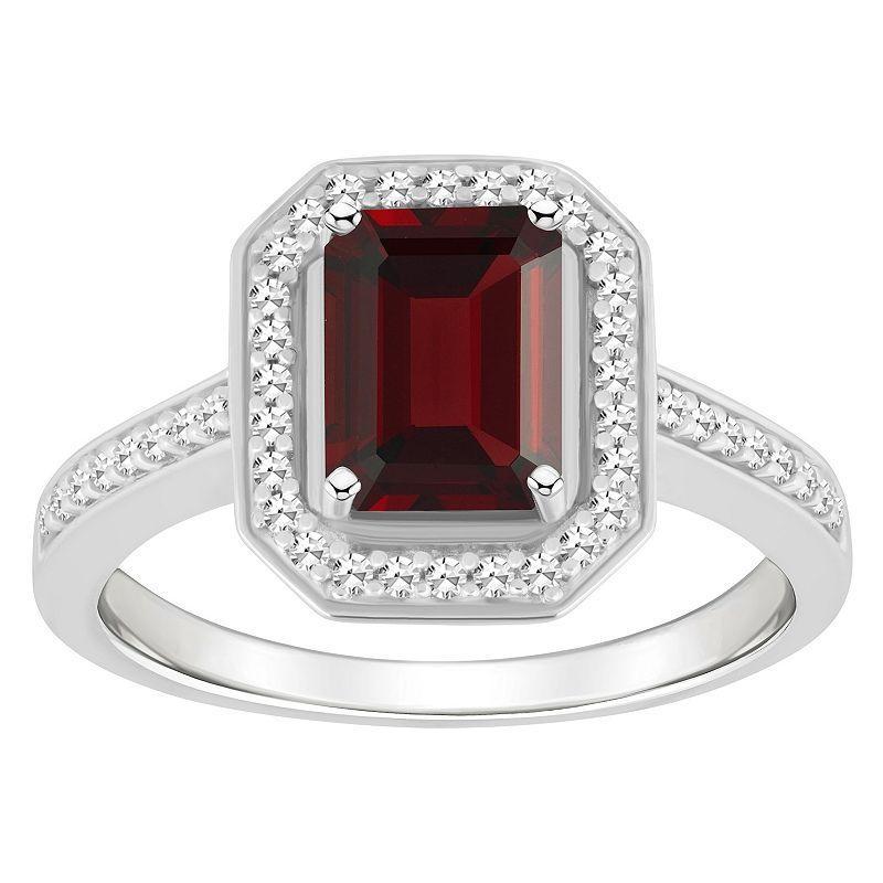 Celebration Gems Sterling Silver 8 mm x 6 mm Emerald Cut Gemstone & 1/5 Carat T.W. Diamond Halo Ring, Womens Red Product Image