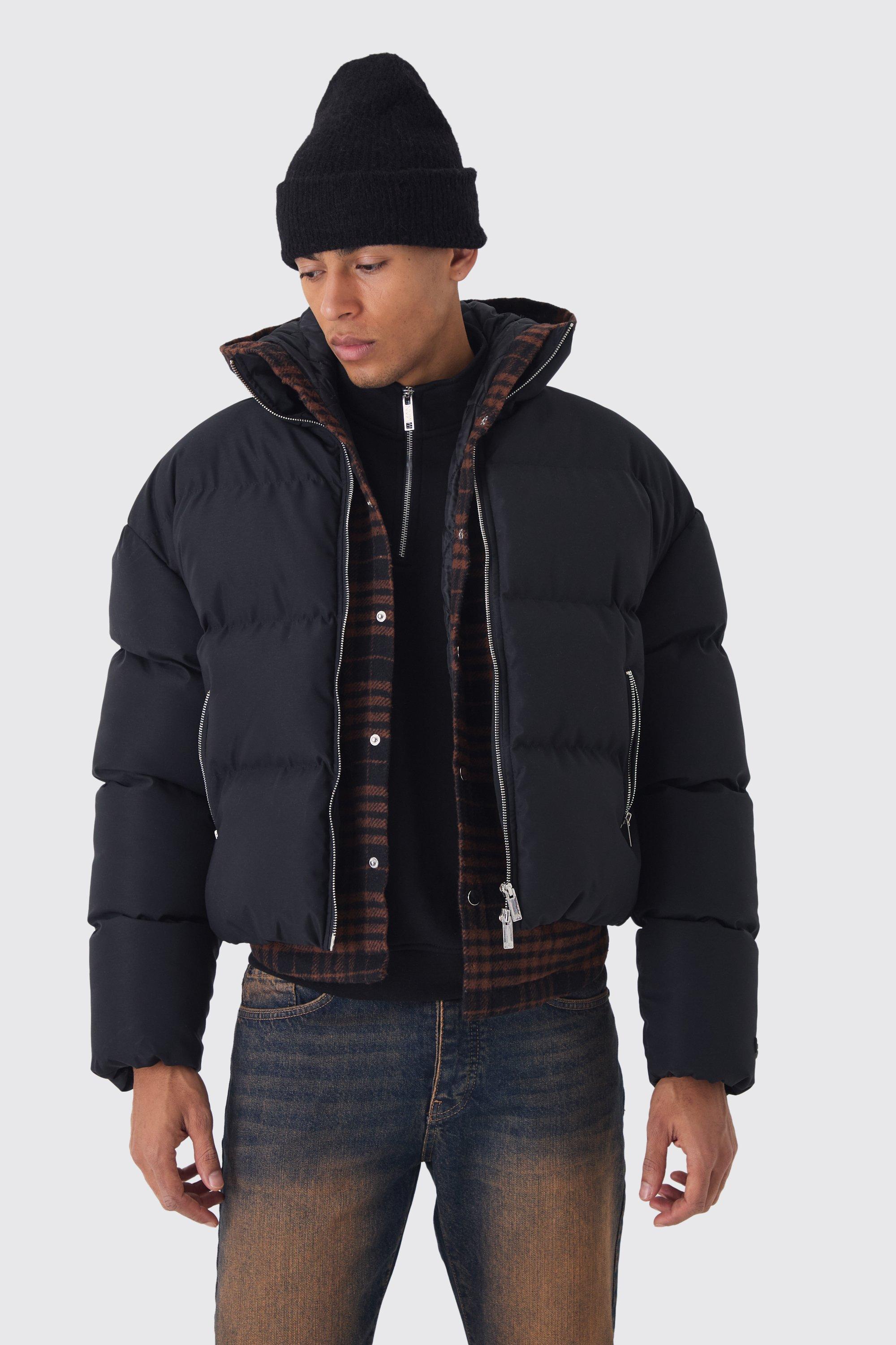 Man Boxy Fit Funnel Neck Puffer Coat In Black | boohooMAN USA Product Image