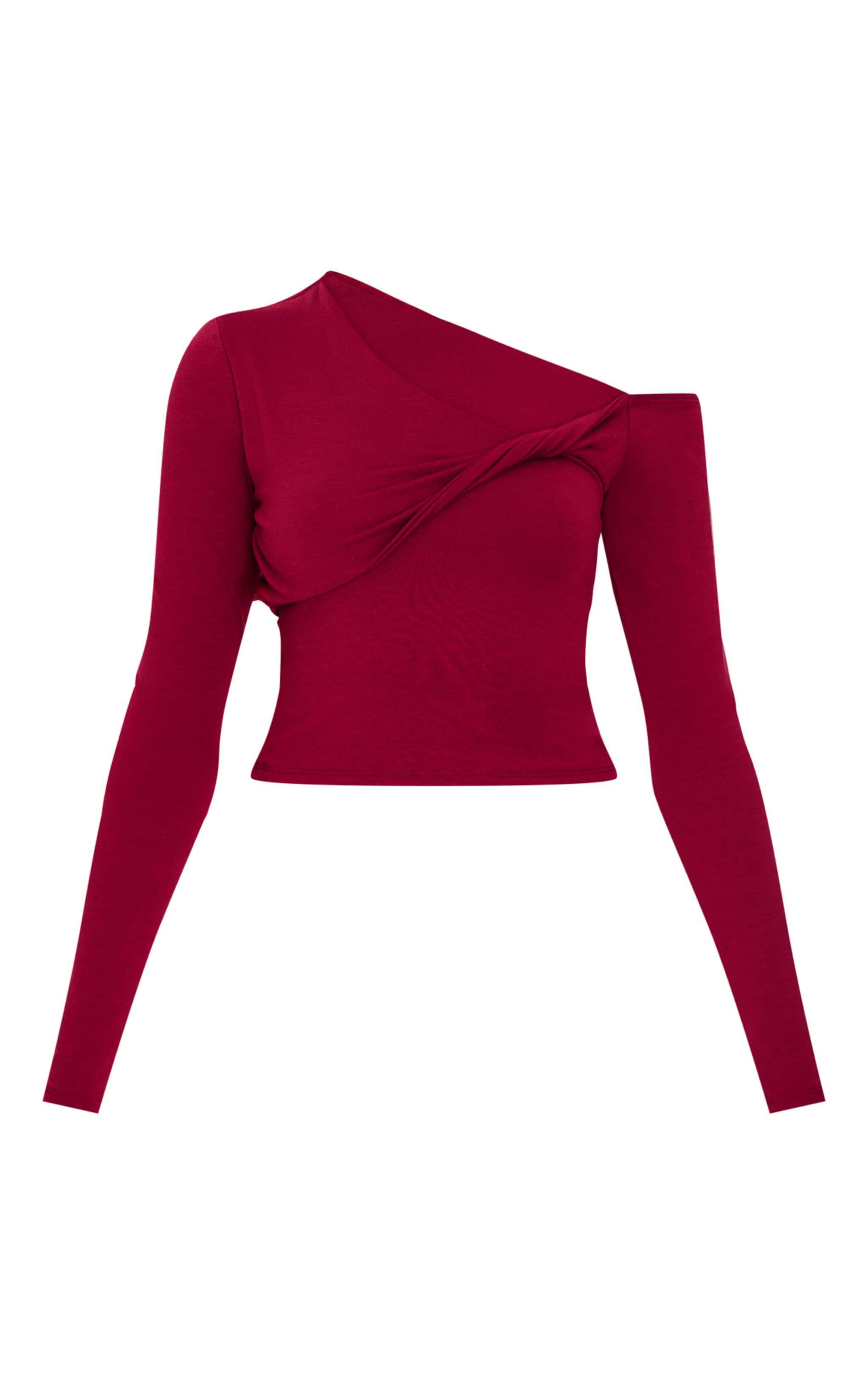 Burgundy Contour Jersey Asymmetric Twist Detail Long Sleeve Top Product Image