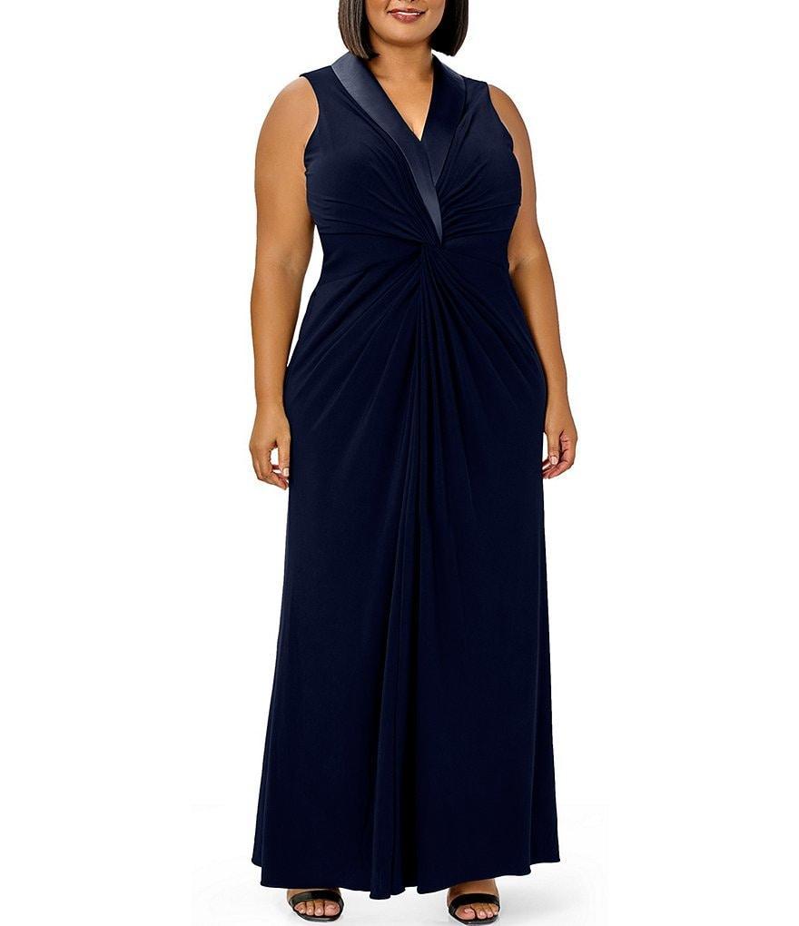 Adrianna Papell Plus Size Sleeveless Shawl Collar Neck Ruched Front Long Jersey Knit Dress Product Image