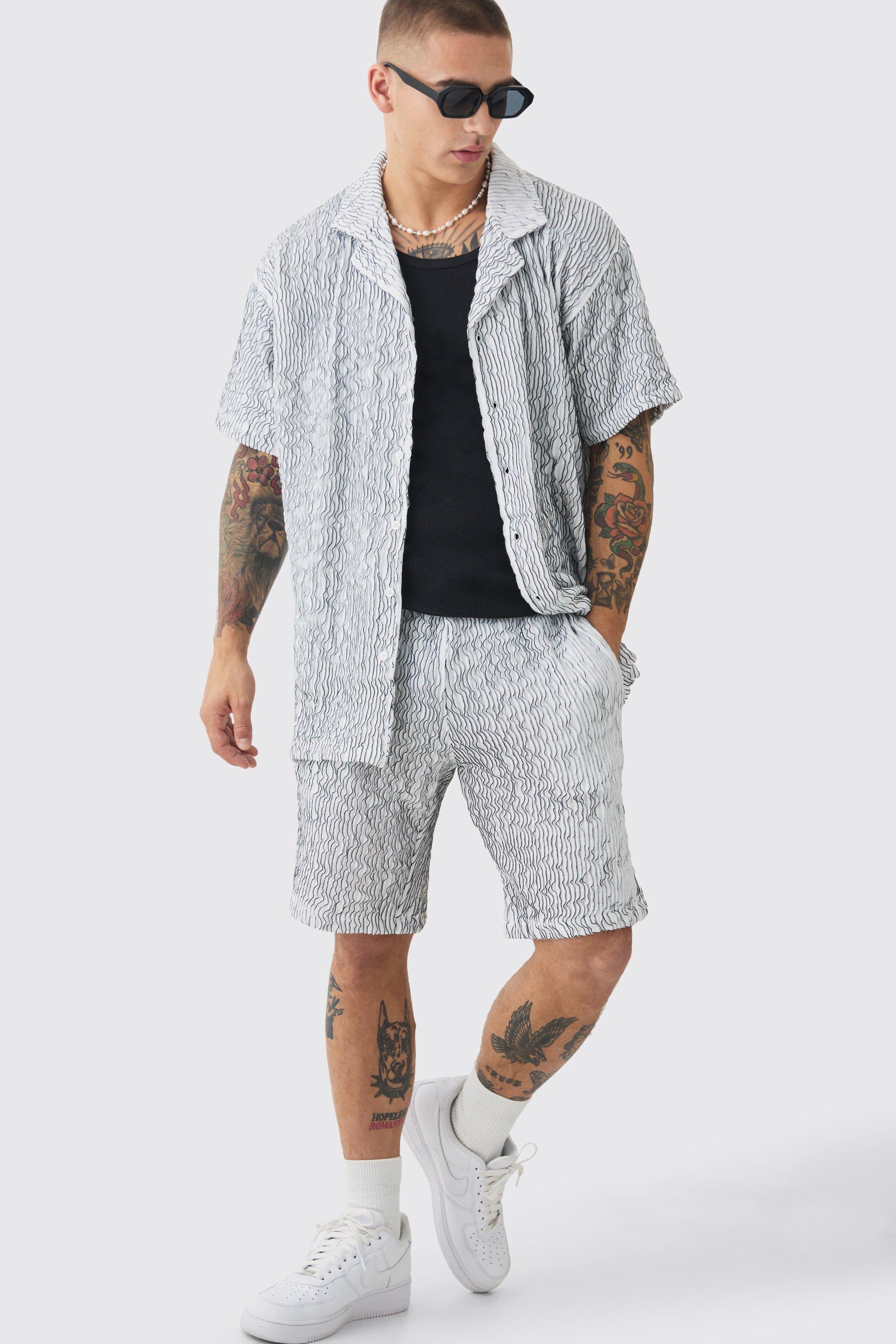 Two Tone Oversized Ripple Pleated Shirt And Short Set | boohooMAN USA Product Image