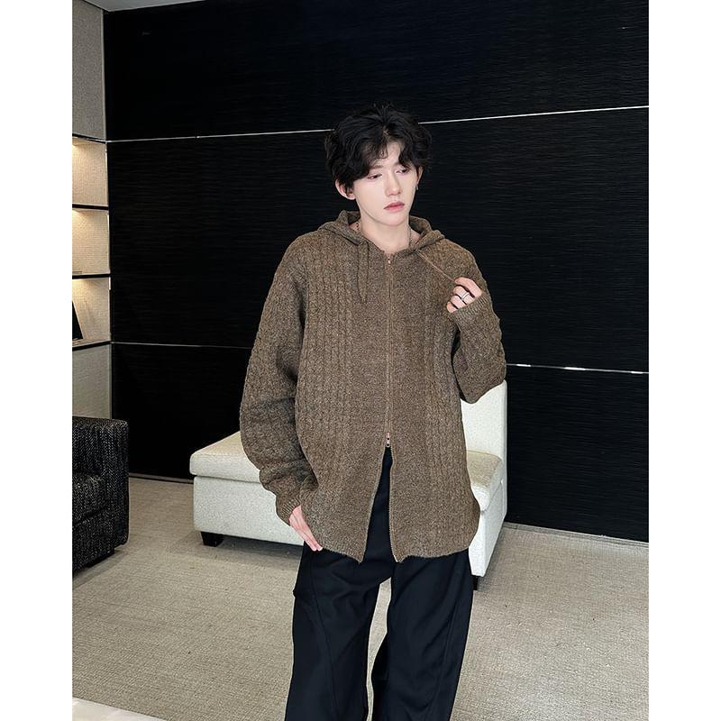 Long-Sleeve Plain Hooded Sweater Cardigan Product Image