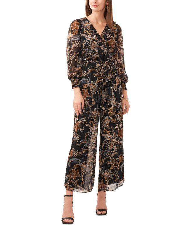 Vince Camuto Womens Printed Surplice Smocked Cuff Jumpsuit Product Image