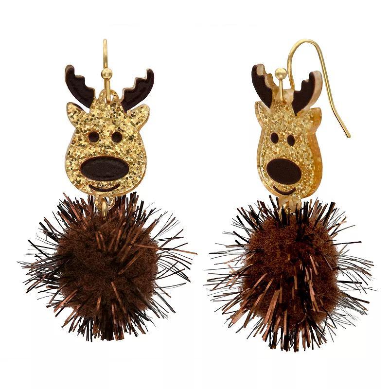 Celebrate Together Gold Tone Pom-Pom Reindeer Earrings, Womens, Brown Product Image