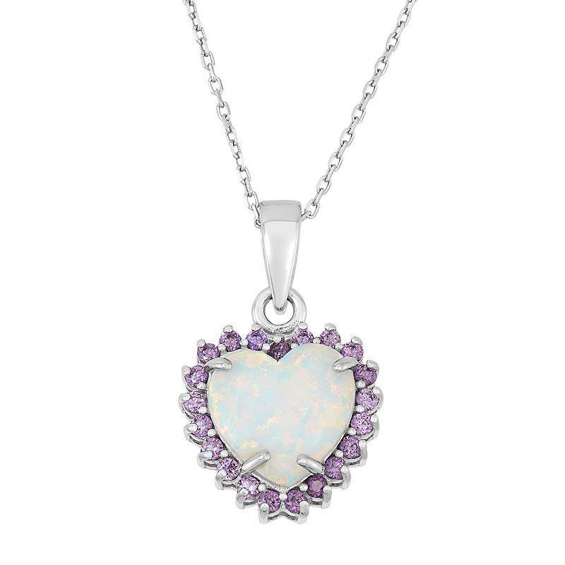 Sterling Silver Lab-Created Opal & Cubic Zirconia Heart Halo Pendant, Womens Purple Product Image