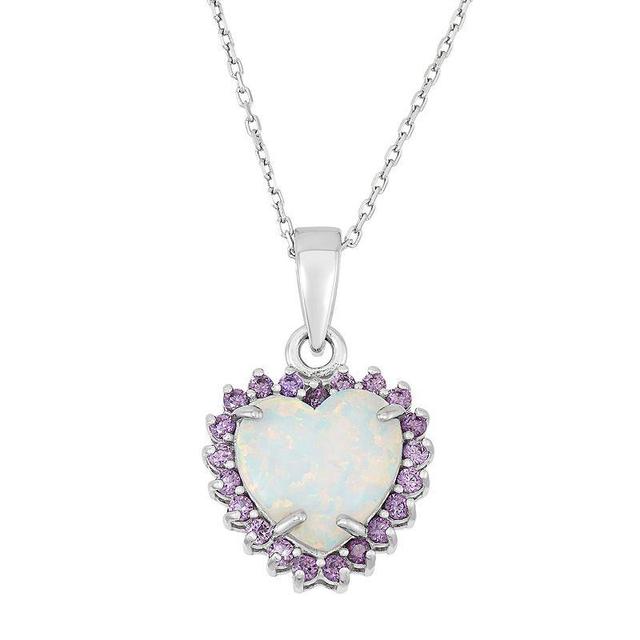 Sterling Silver Lab-Created Opal & Cubic Zirconia Heart Halo Pendant, Womens Purple Product Image