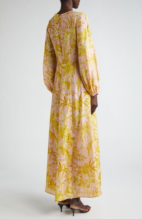 Golden Tropical Floral Long Sleeve Silk Maxi Dress In Pink Product Image