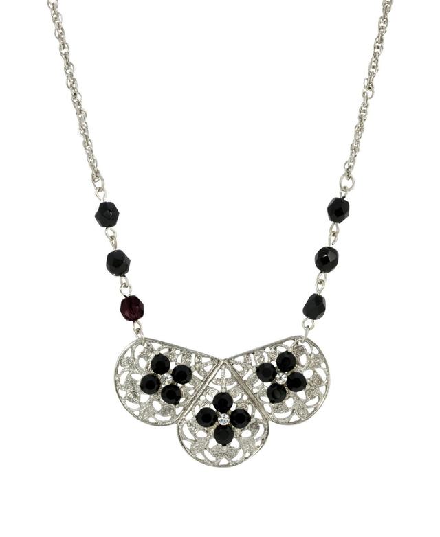 1928 Silver Tone Filigree Black Crystal Flower Necklace, Womens Product Image