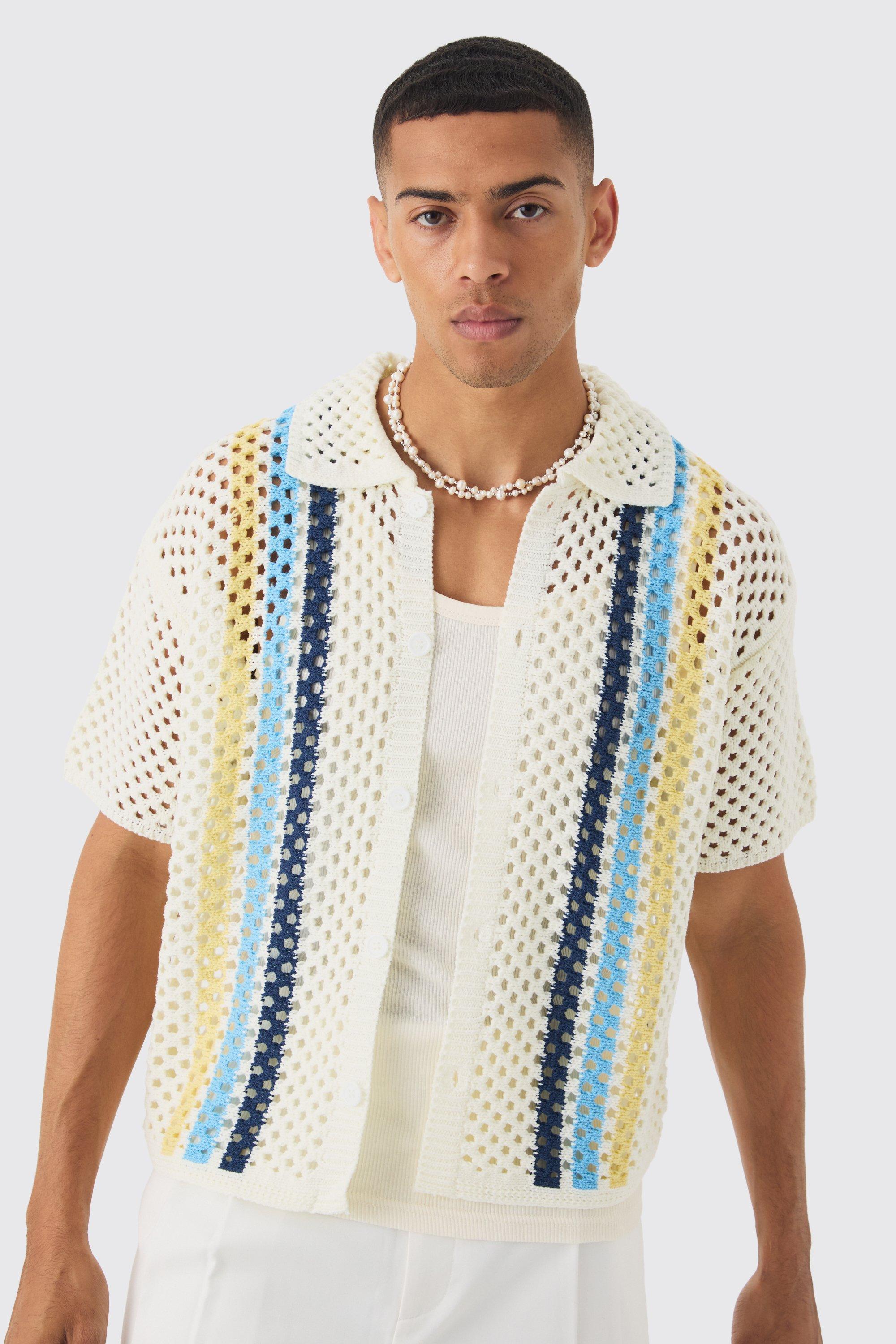 Oversized Boxy Open Stitch Placement Stripe Knit Shirt | boohooMAN USA Product Image