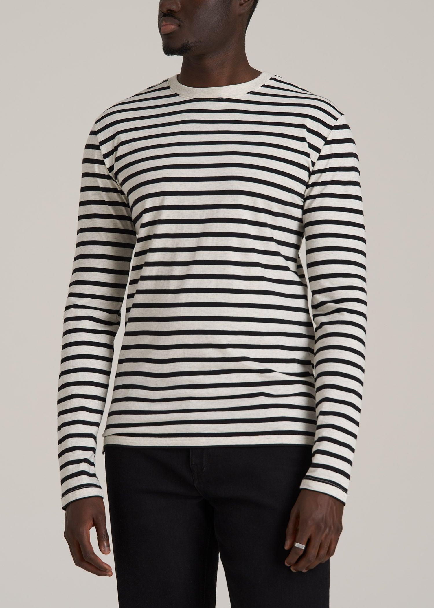 Long Sleeve Striped Tall Men's Tee in Beige Heather and Black Stripe Male Product Image