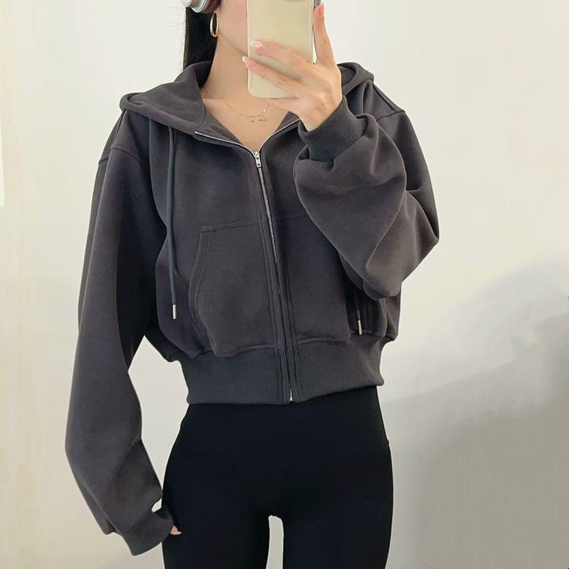 Plain Crop Zip-Up Hoodie Product Image