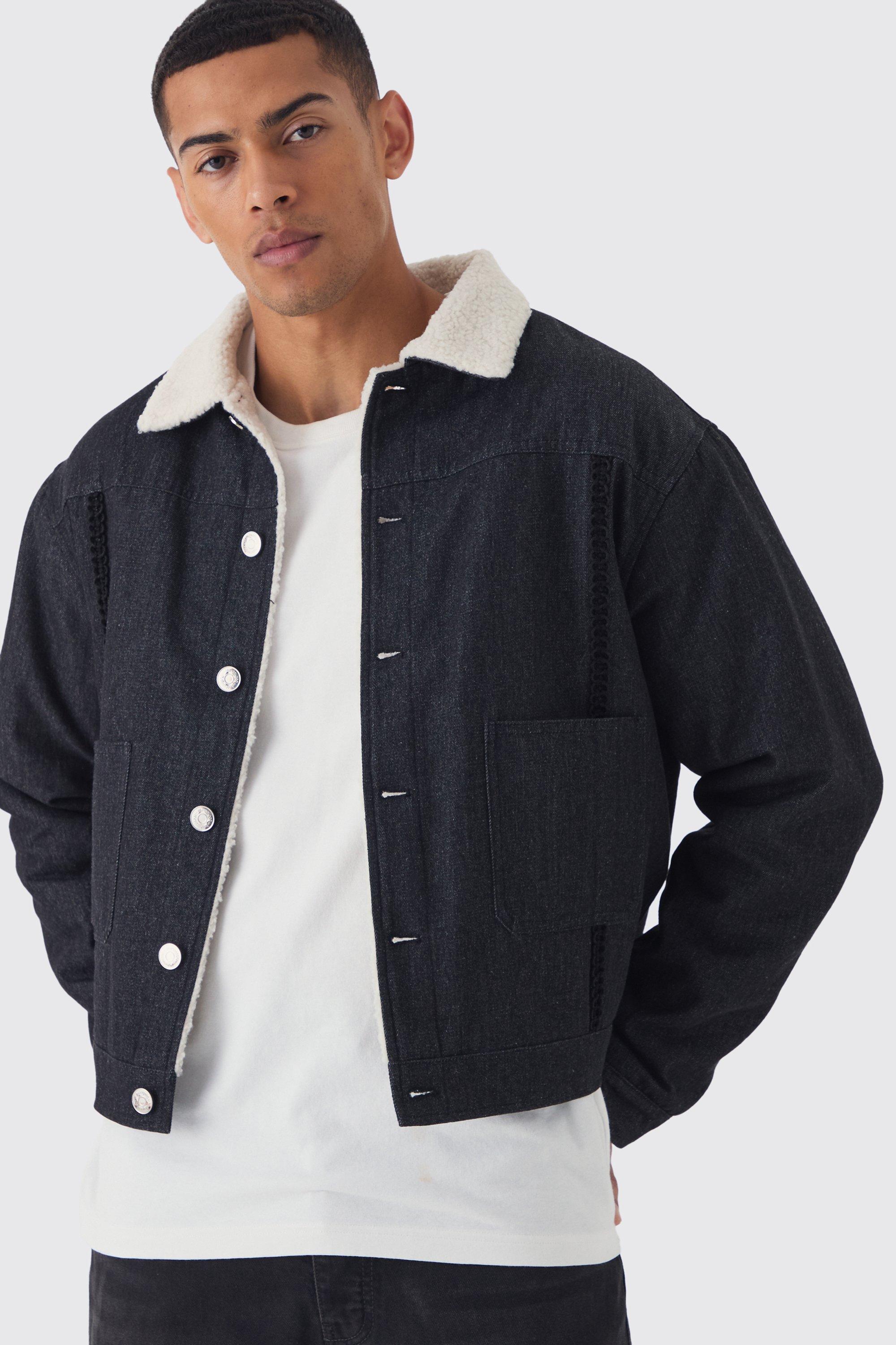 Relaxed Cropped Borg Lined Aviator Denim Jacket | boohooMAN USA Product Image