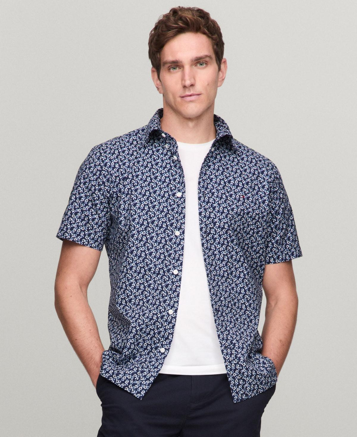 Tommy Hilfiger Mens Short Sleeve Button-Front Floral Print Poplin Shirt - Optic White / Minty Essence Product Image