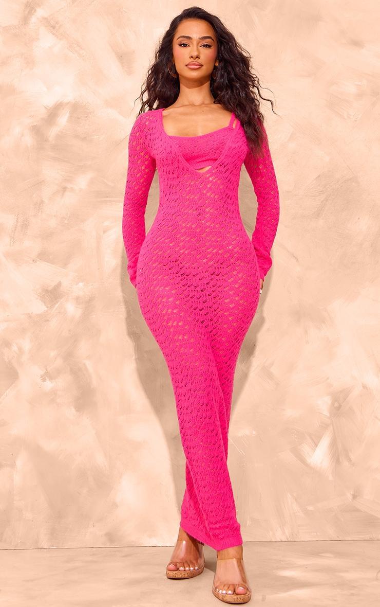 Petite Hot Pink Knitted Open Front Maxi Dress Product Image