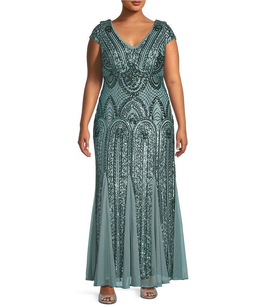 R & M Richards Plus Size Cap Sleeve V-Neck Godet Insets Embroidered Sequin Dress Product Image