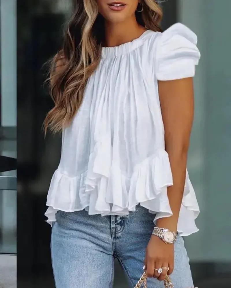 Olivia Mark – Ruffled Hem Puff Sleeve Ruched Top product image