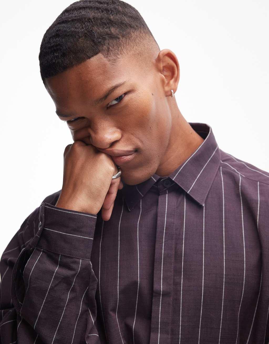 Topman long sleeve oversized stripe shirt in burgundy Product Image