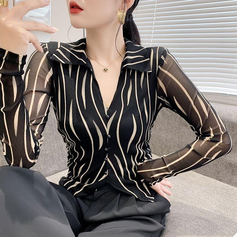 Long Sleeve Zebra Print V-Neck Button Up Blouse Product Image