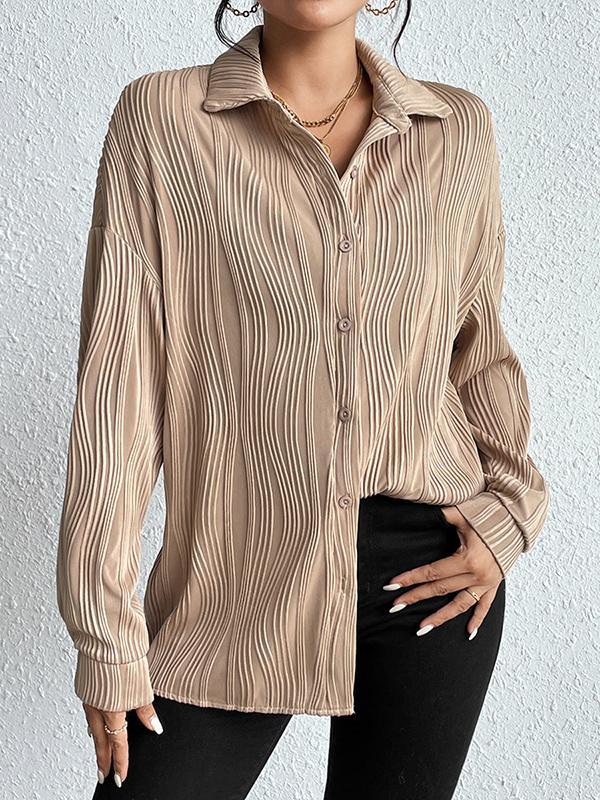 Long Sleeves Loose Buttoned Solid Color Lapel Blouses&Shirts Tops Product Image