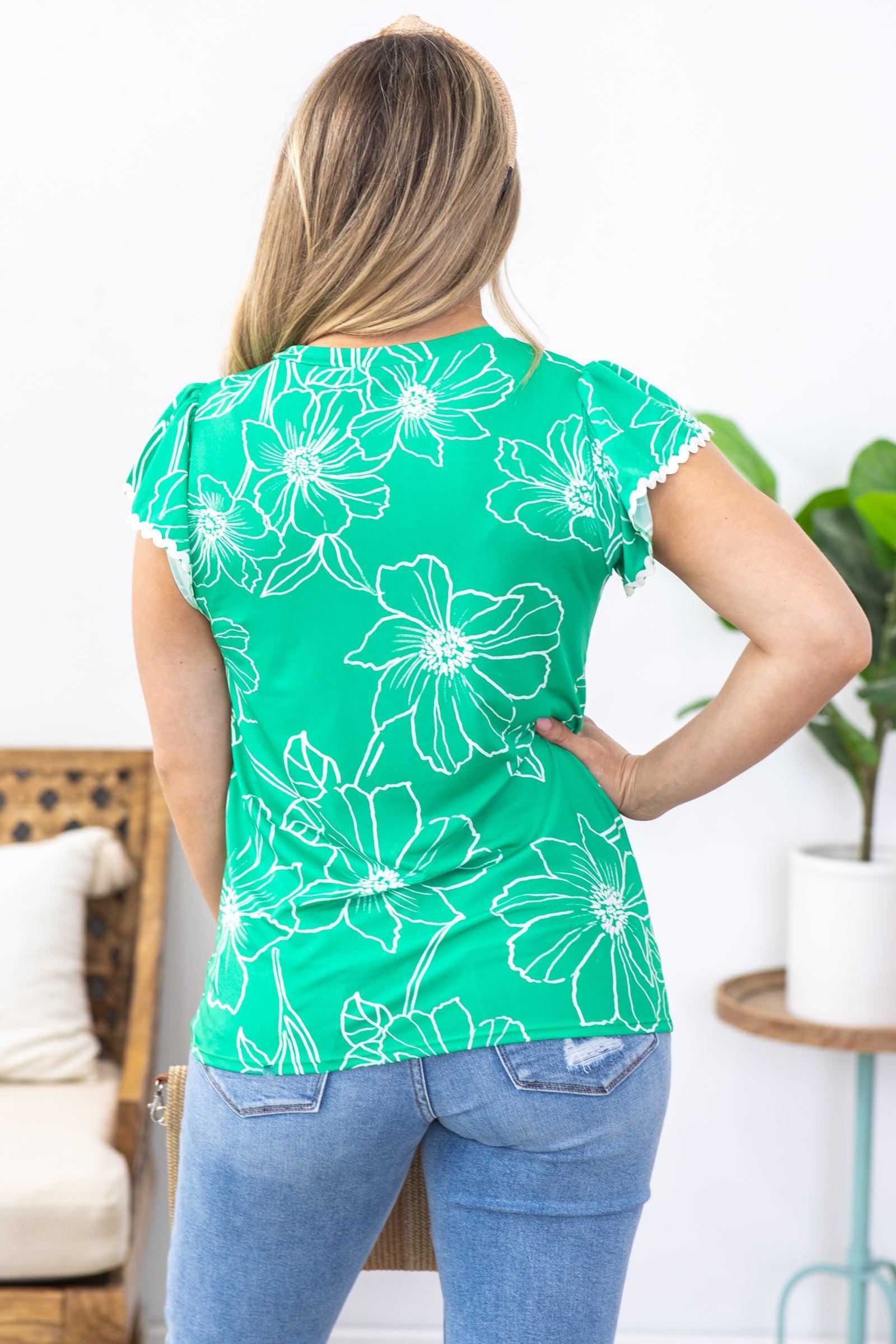 Green Floral Print Trim Detail Top Product Image