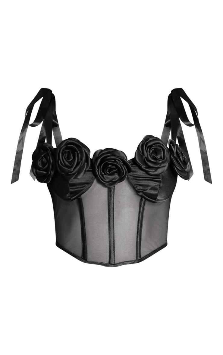 Black Mesh Floral Applique Bow Strap Boned Corset Product Image