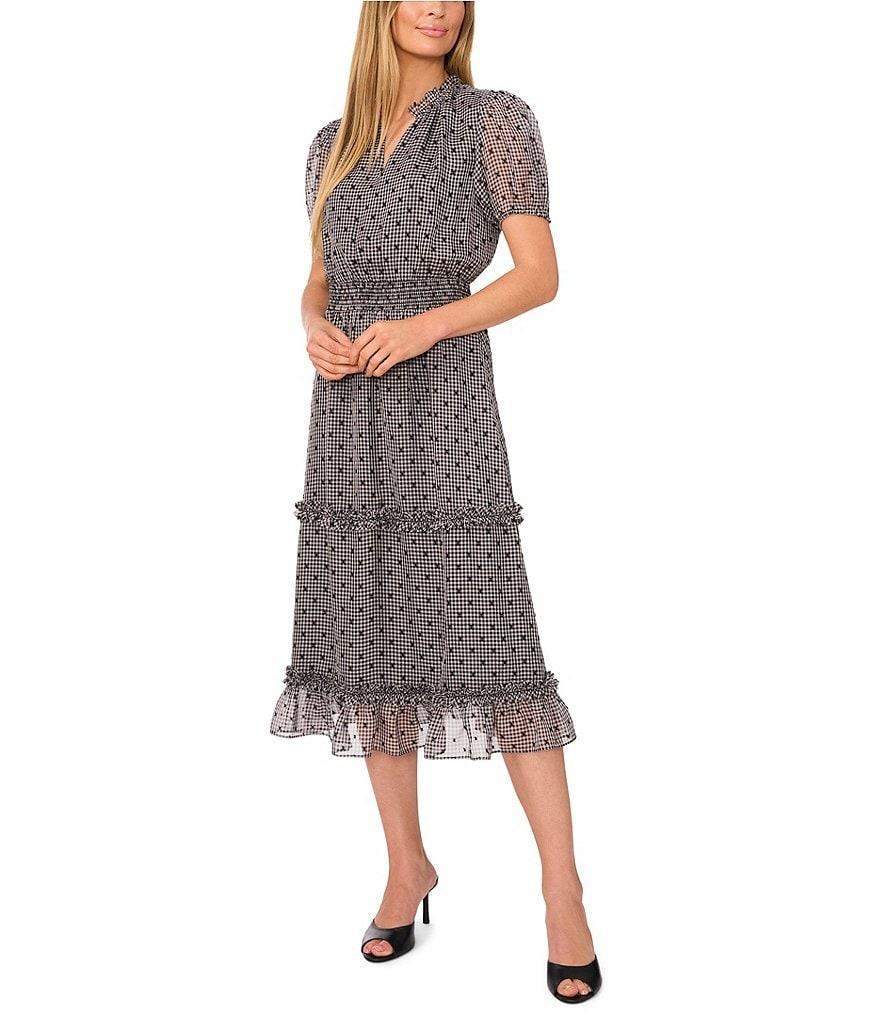 CeCe V Neck Short Sleeve Dotted Dress Product Image