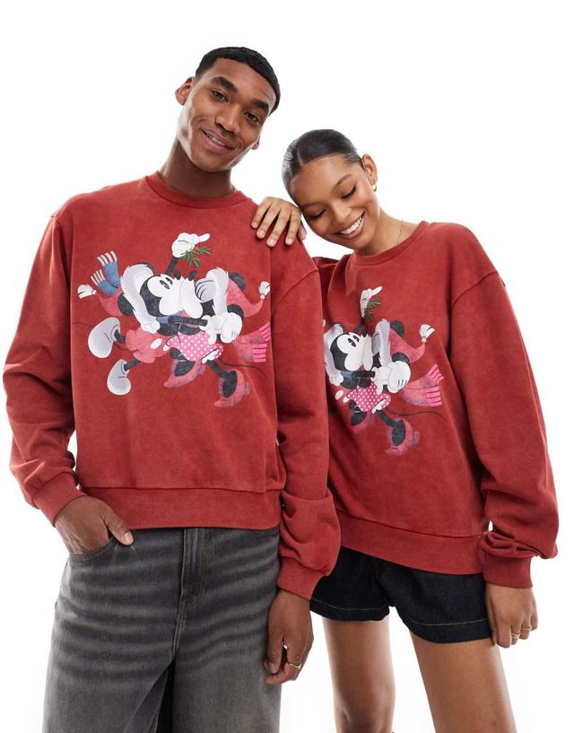 ASOS DESIGN Disney Christmas boxy oversized sweatshirt with Mickey Mouse & Minnie Mouse print in burgundy Product Image