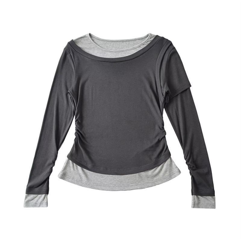 Long Sleeve Round Neck Mock Two Piece Ruched T-Shirt Product Image