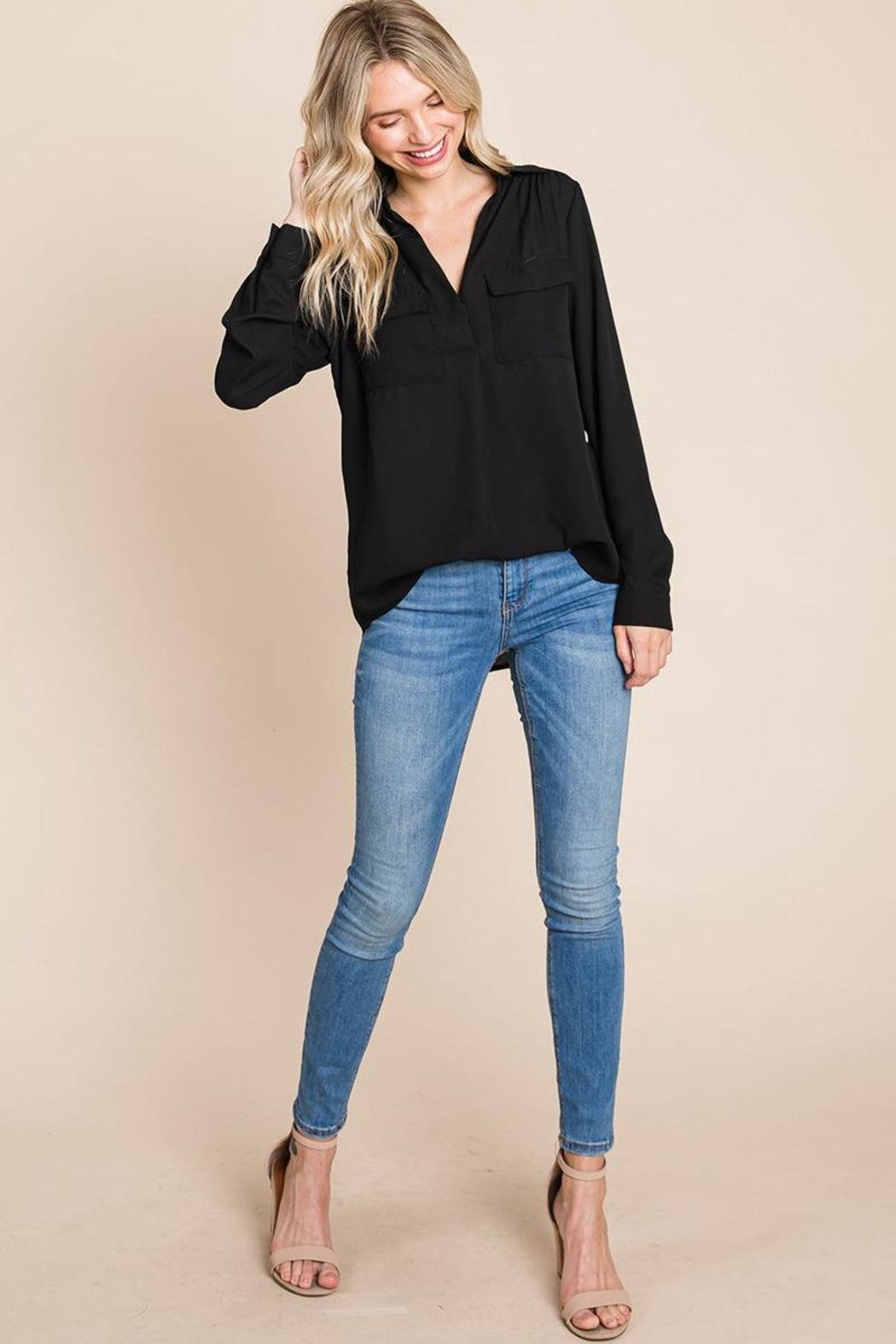 V Neck Collared Pocket Detail Blouse Shirts Female product image