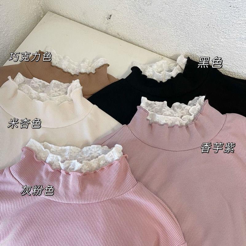 Long-Sleeve Mock Neck Lace Trim Plain Knit Top Product Image