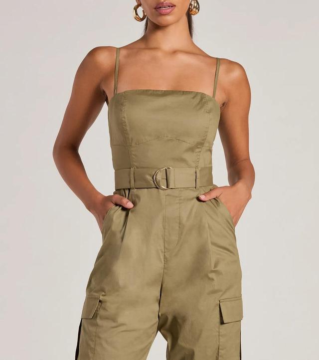 Social Outing Sleeveless Belted Cargo Crop Jumpsuit Product Image