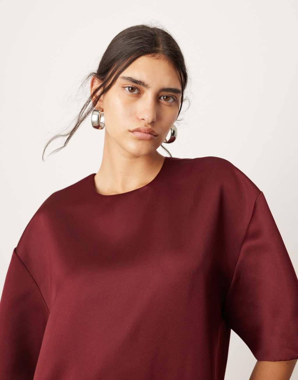 ASOS EDITION satin structured boxy T-shirt mini dress with pockets in burgundy Product Image