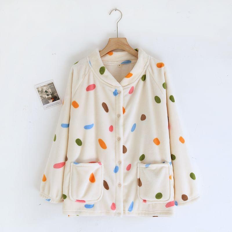 Collar Print Fleece Button Pajama Top Product Image