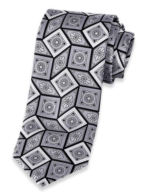 Medallion Printed Italian Silk Tie - Silver Product Image