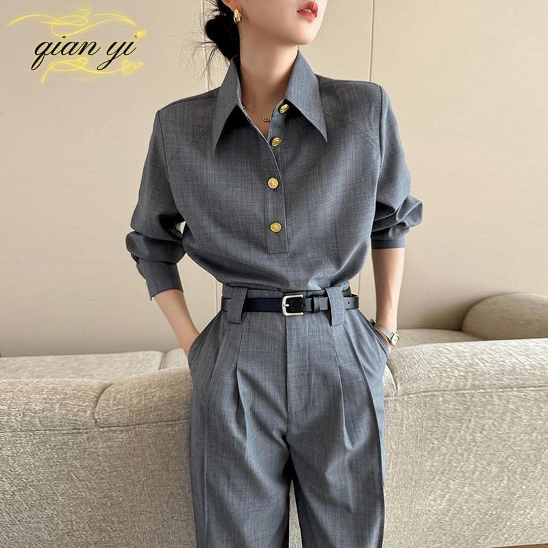 Long-Sleeve Overhead Shirt / High Rise Wide Leg Dress Pants / Set Product Image