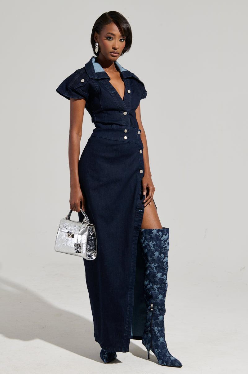 CHELSEA BUTTON SIDE DENIM MAXI DRESS Product Image