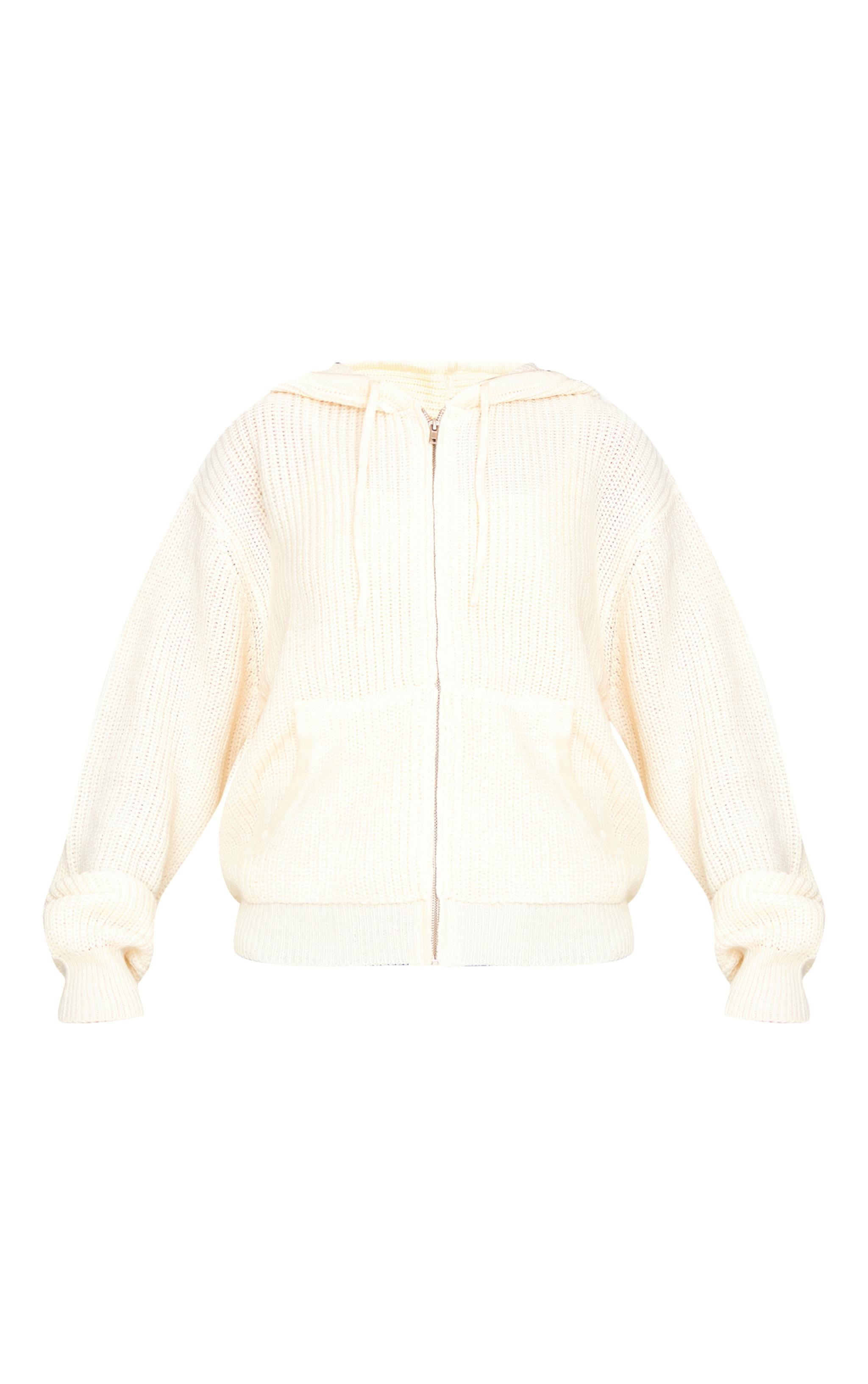 Cream Thick Rib Knit Zip Up Hoodie Product Image