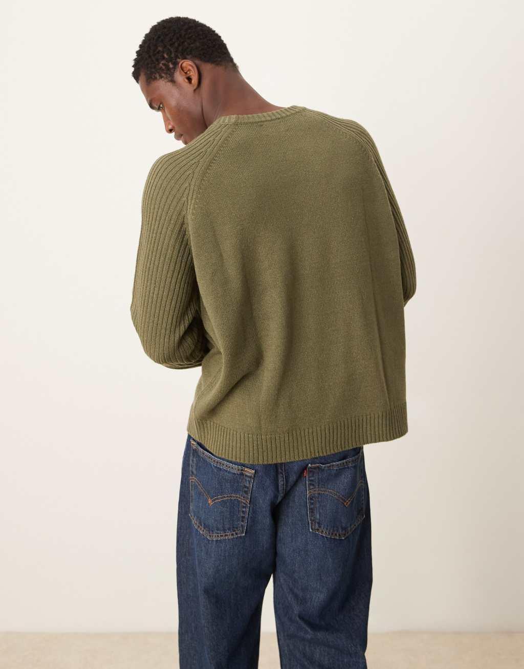 ASOS DESIGN oversized boxy fit knitted crew neck sweater with rib sleeves in khaki Product Image