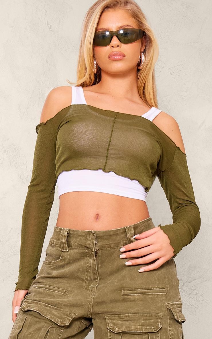 Khaki Burnout Mesh Rib Overlay Crop Top Product Image