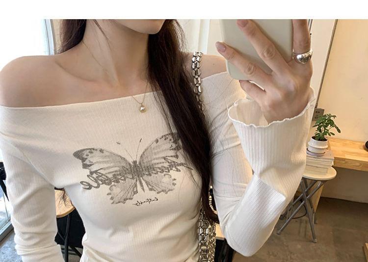 Long-Sleeve Off-Shoulder Butterfly Print T-Shirt Product Image