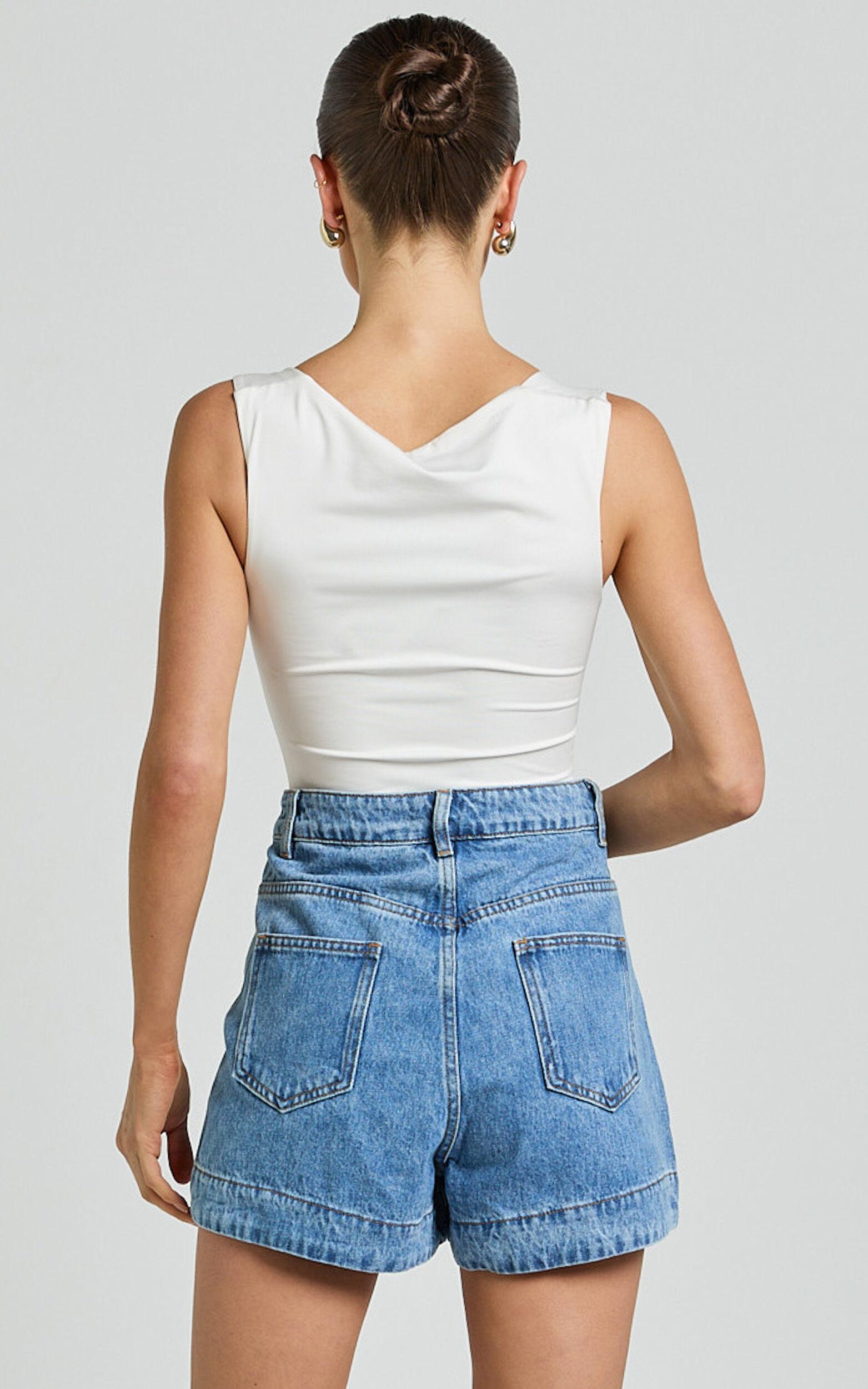 Rhianna Shorts - Mid Waist Recycled Denim Shorts in Mid Blue Wash Product Image