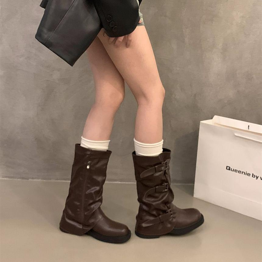 Platform Plain Buckled Faux Leather Mid-Calf Boots Product Image