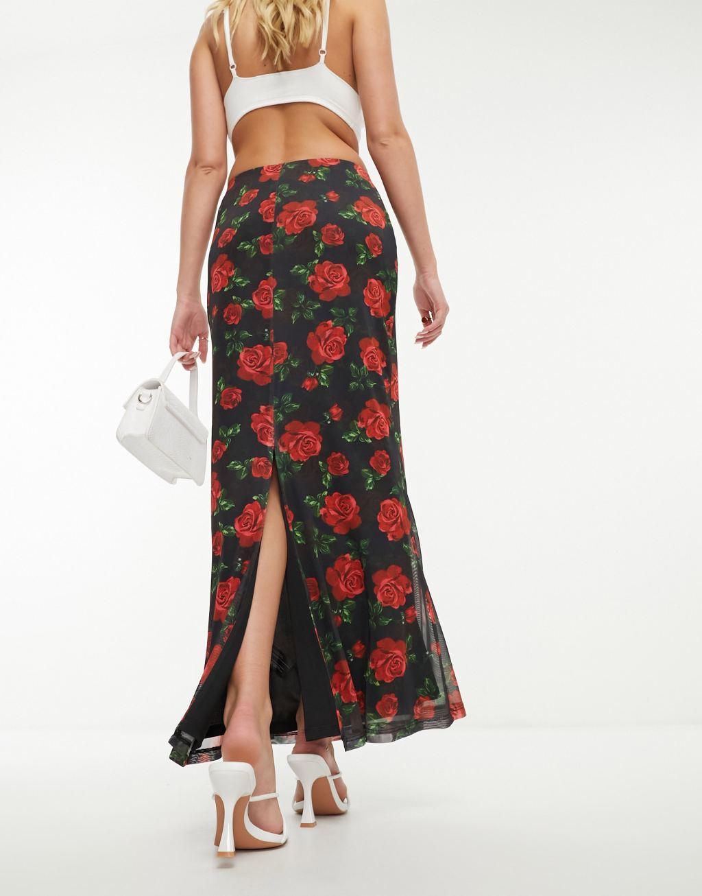 Ever New mesh maxi skirt in black rose print Product Image