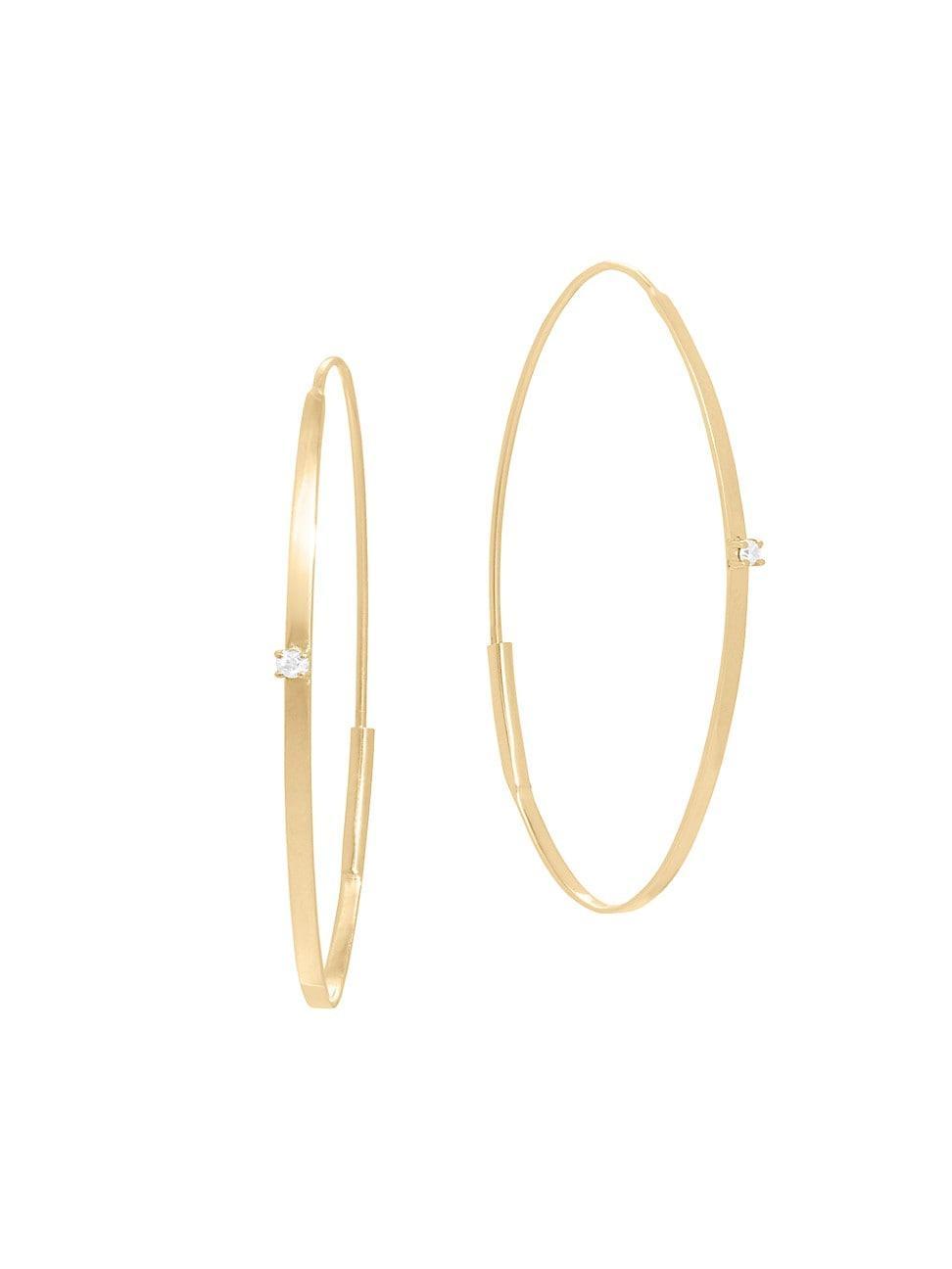 Womens 14K Yellow Gold & Diamond Small Flat Oval Magic Hoop Earrings Product Image