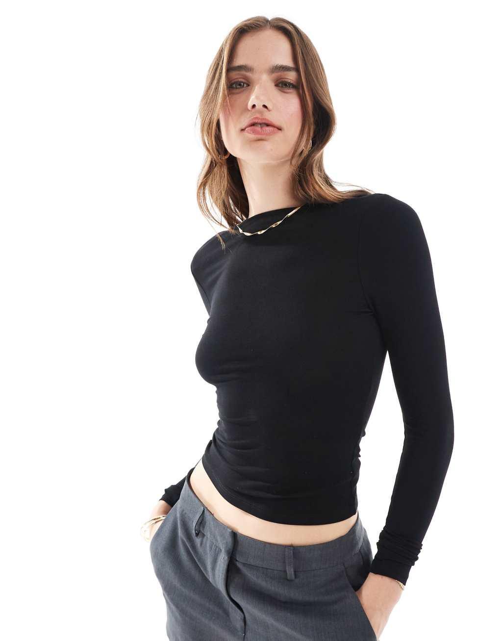 Miss Selfridge long sleeve slash neck top in black Product Image