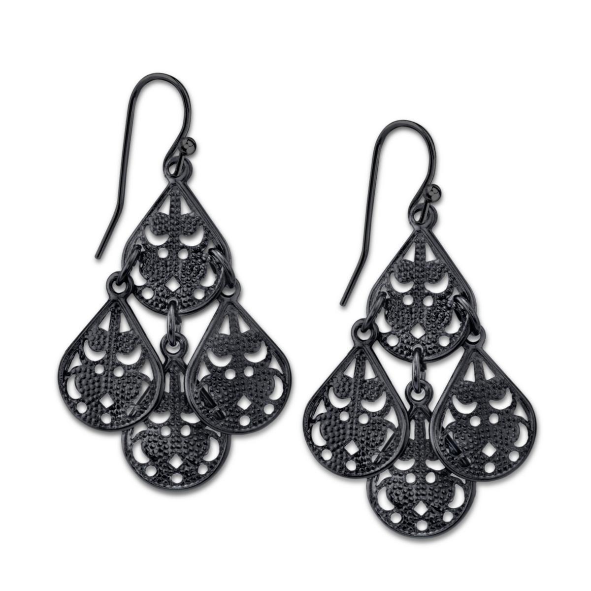 1928 Black-Tone Pear Shaped Filigree Drop Earrings, Womens Product Image